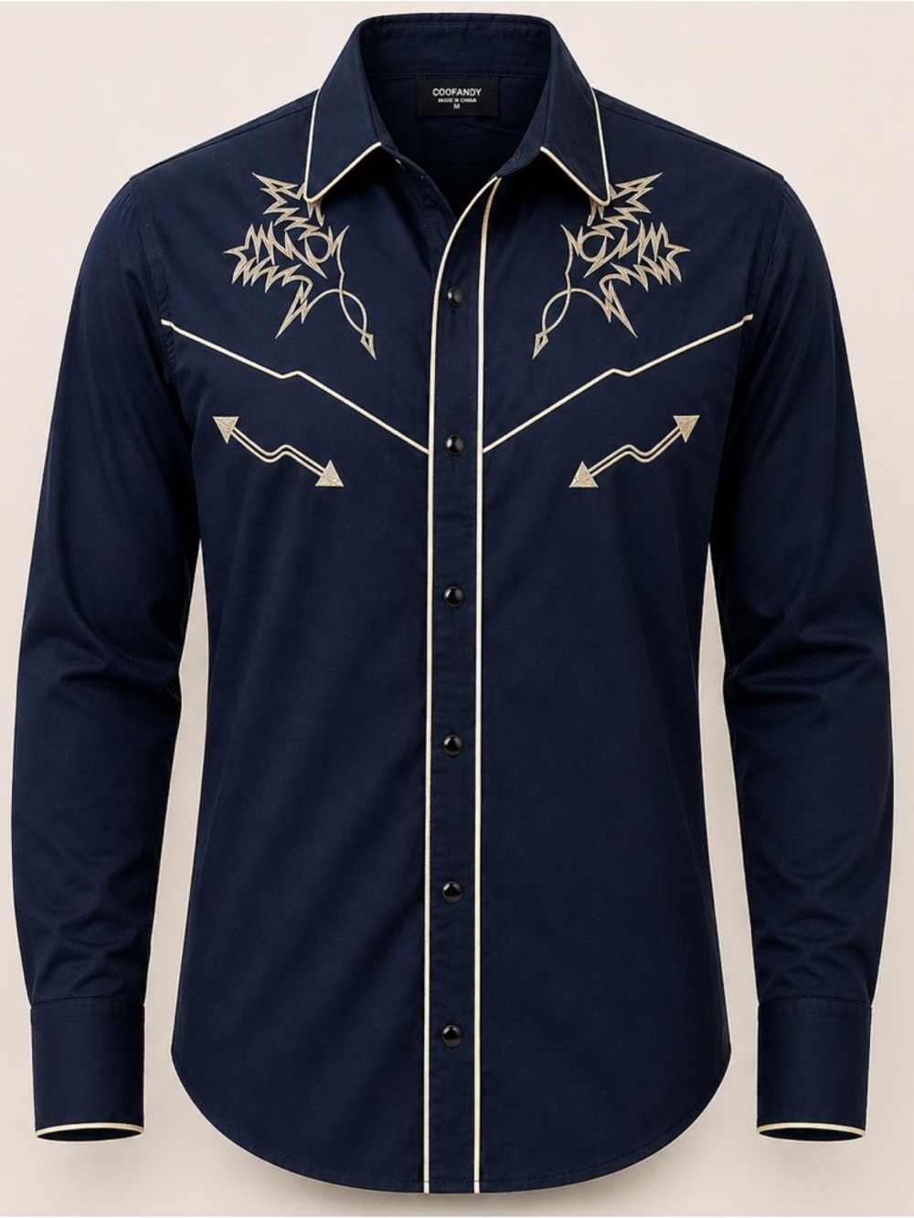 COOFANDY Navy Western-Style Embroidered Dress Shirt